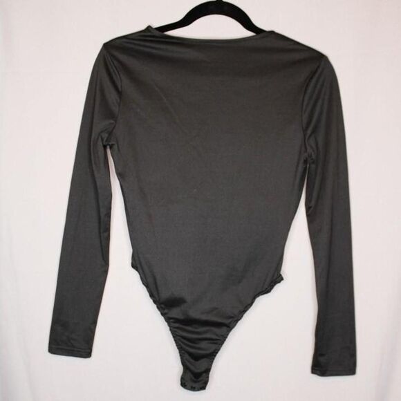 Black Long Sleeve Faux Wrap V Neck Bodysuit - Picture 2 of 3